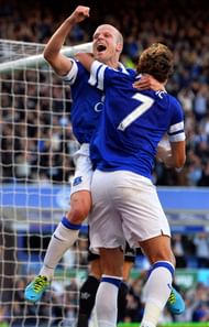 Everton's Scottish forward Steven Naismith (L) celebrates scoring the opening goal with teammate Everton's Croatian striker Nikica Jelavic during the English Premier League football match between Everton and Chelsea at Goodison Park